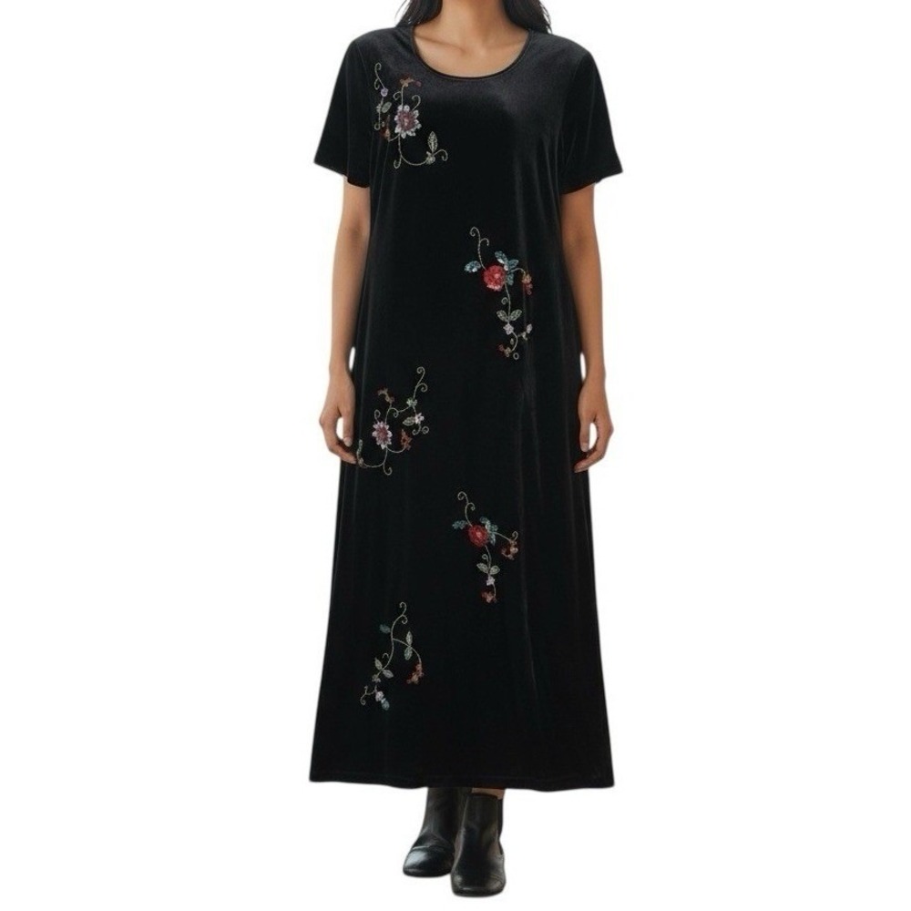 S.L Fashions Y2K Velvet Maxi Dress Petites 12P Black Floral Beaded Embroidered